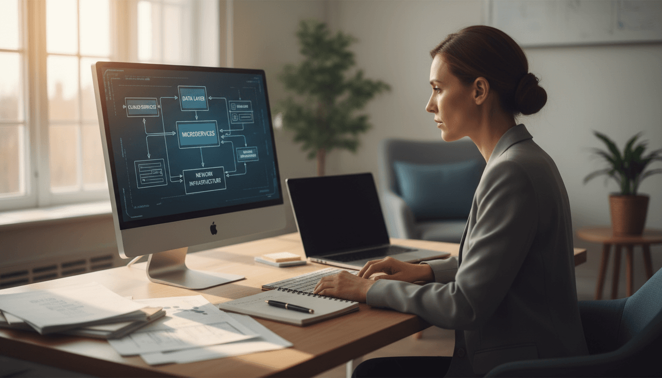 IT consultant reviewing system architecture on desktop monitor with technical documentation