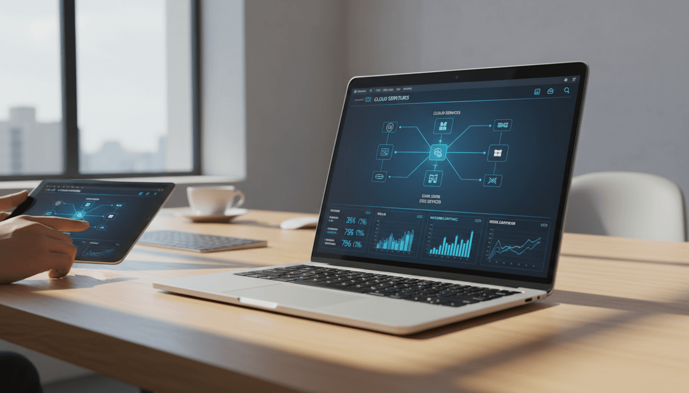 IT consultant reviewing technology infrastructure on laptop screen